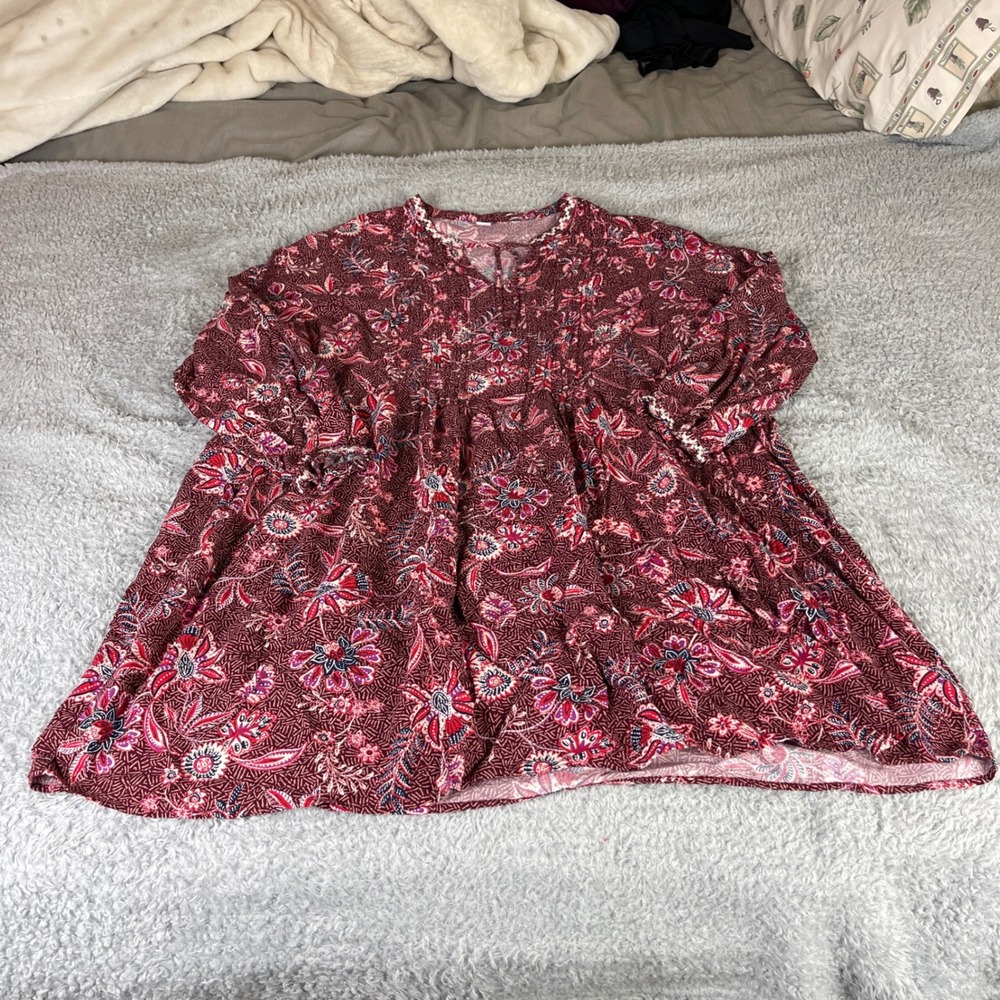 Old Navy XXL Burgundy Floral Babydoll Tunic Top Boho Long Sleeve Rayon Blouse